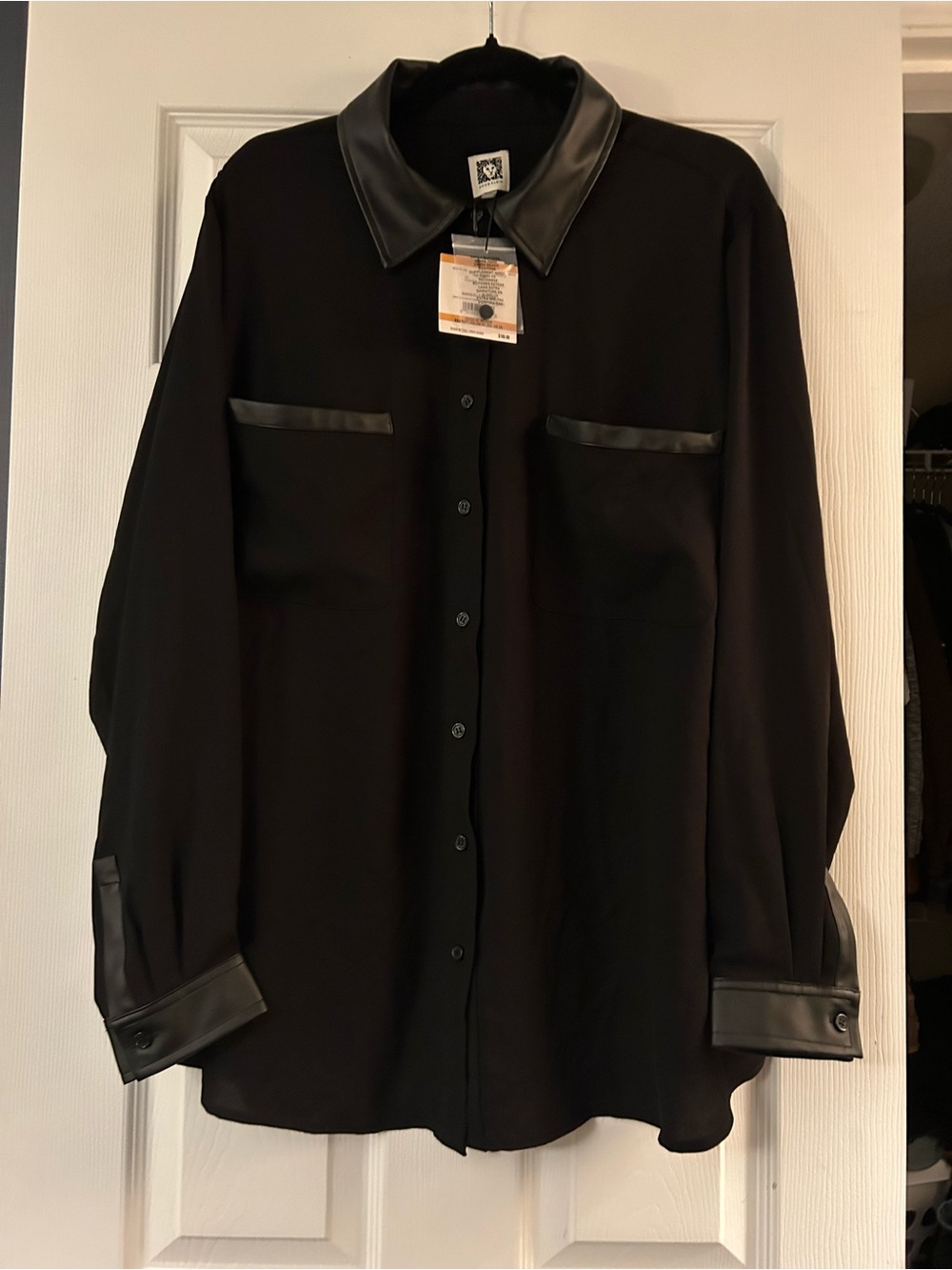 Anne Klein Sheer Black Button-Up Shirt with Faux Leather Trim